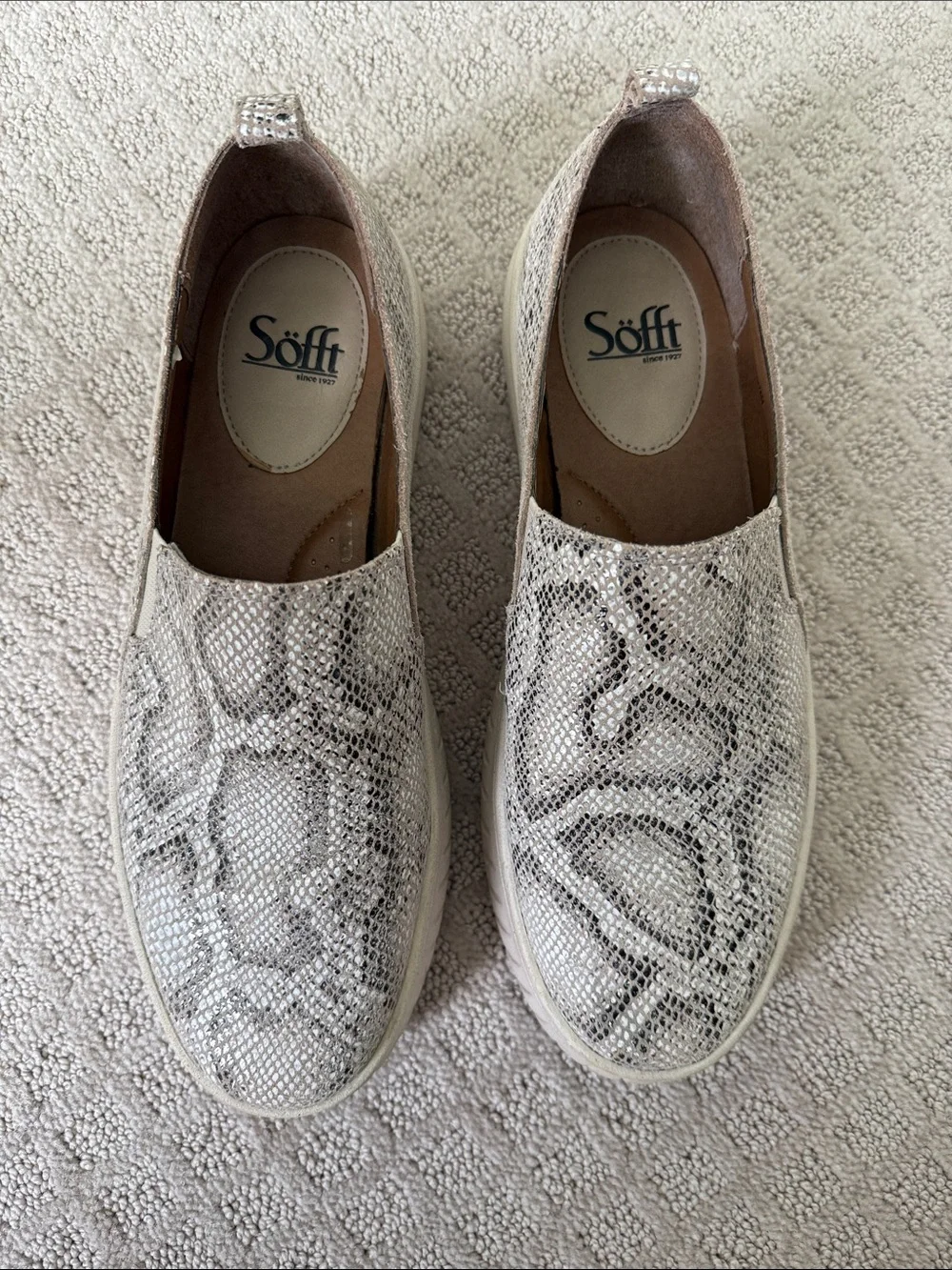 Söfft Snake-Print Slip-On Flats in White and Gray